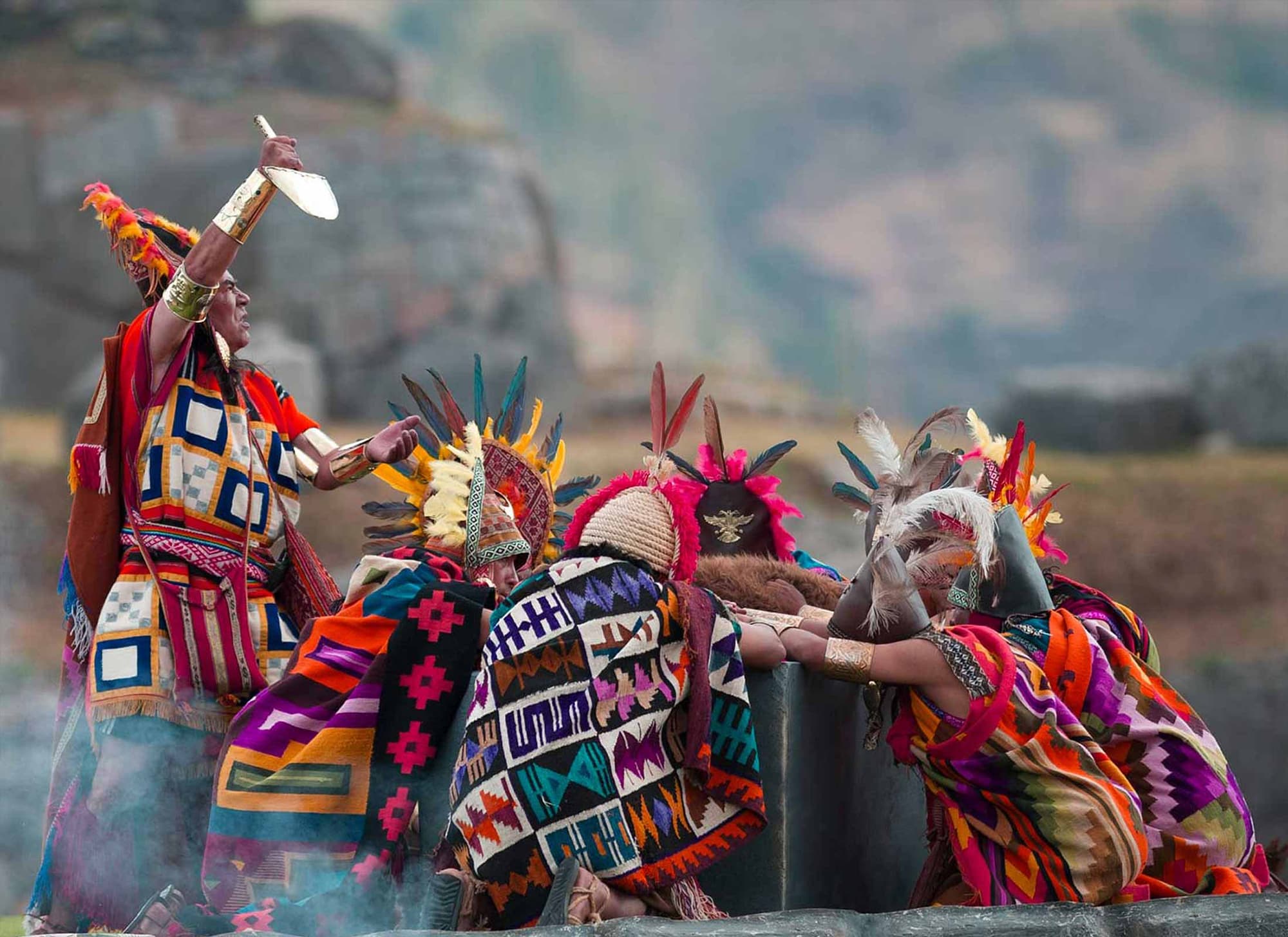 Inti Raymi Festival of the Sun at Sacsayhuaman fortress, Cusco Peru June 24 — theatrical Inca ceremony with thousands of spectators