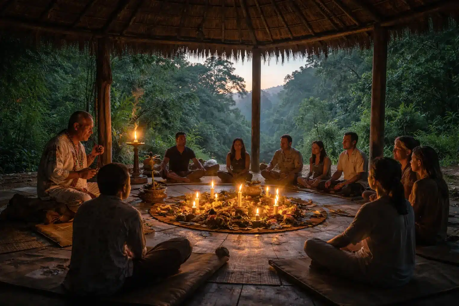 Ayahuasca ceremony maloca at night in the Sacred Valley, Cusco, Peru