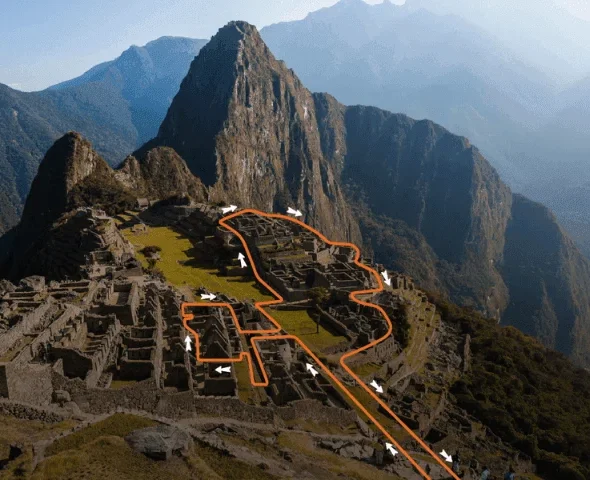 Visitors walking through the flat Royalty-sector route on Machu Picchu Circuit 3B, with no mountain climb, Cusco Peru