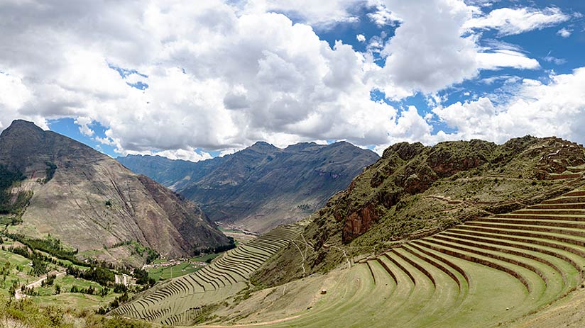 Inca agricultural terraces above Pisac town, Sacred Valley, Peru