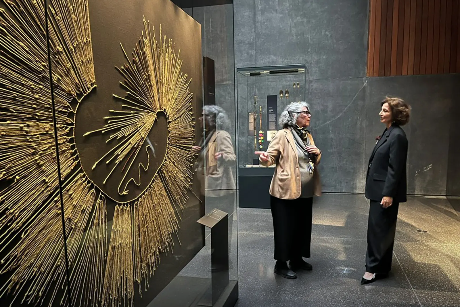 An ancient Inca quipu, a knotted cord record-keeping device, displayed in a museum
