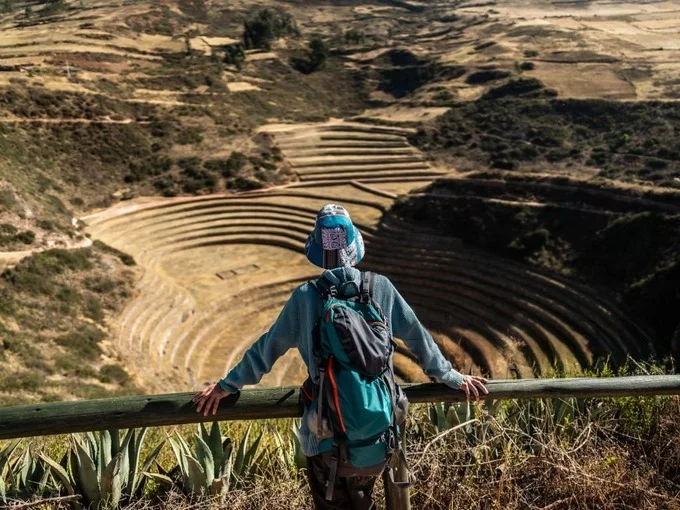 The Sacred Valley of the Incas near Cusco, Peru, with Inca terraces and the Urubamba River